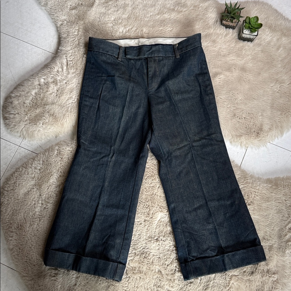Vintage Y2K Gap Low Rise Cropped Capri Frayed Jeans Dark Blue Gold Size 2